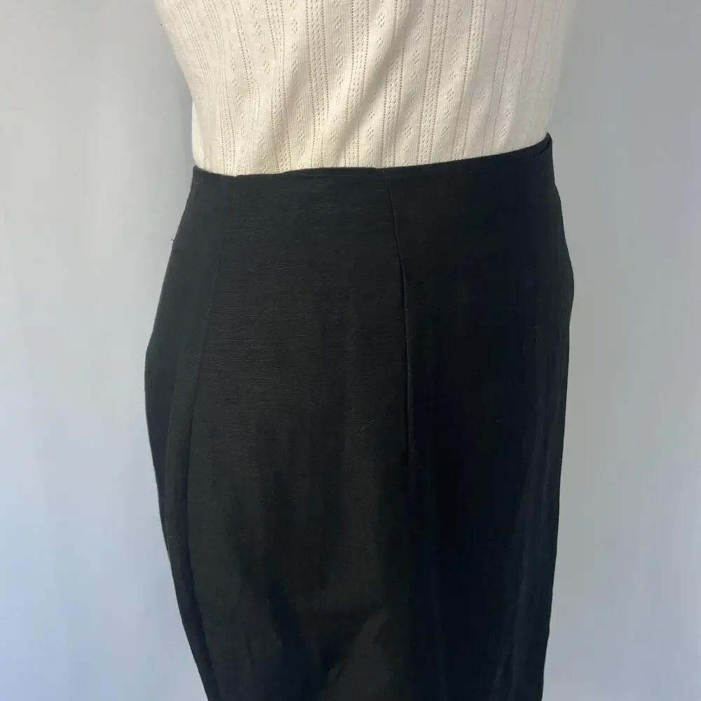 Vintage Pencil Skirt Size 6 Black Solid Faux Wrap Linen Minimal Academia Preppy
